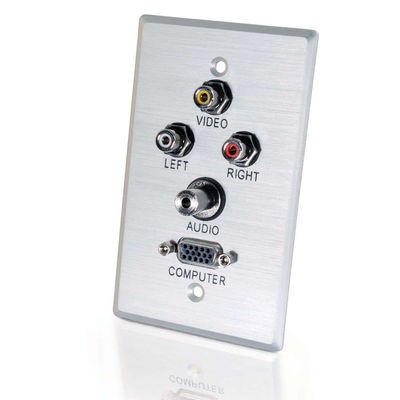 Single Gang HD15 VGA (Bottom) + 3.5mm + Composite Video + Stereo Audio Wall Plate - Brushed Aluminum