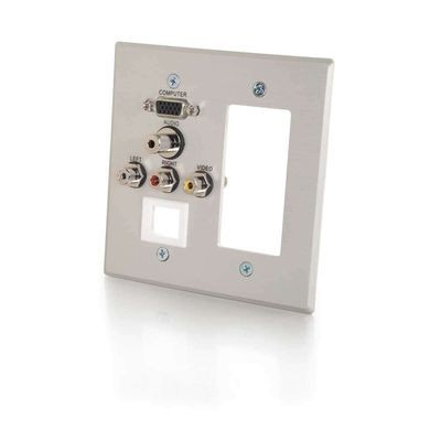 Double Gang HD15 + 3.5mm + RCA Audio/Video + Keystone + Decora-Style Cut-Out Wall Plate - Brushed Aluminum