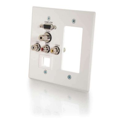 Double Gang HD15 + 3.5mm + RCA Audio/Video + Keystone + Decora-Style Cut-Out Wall Plate - White Brushed Aluminum